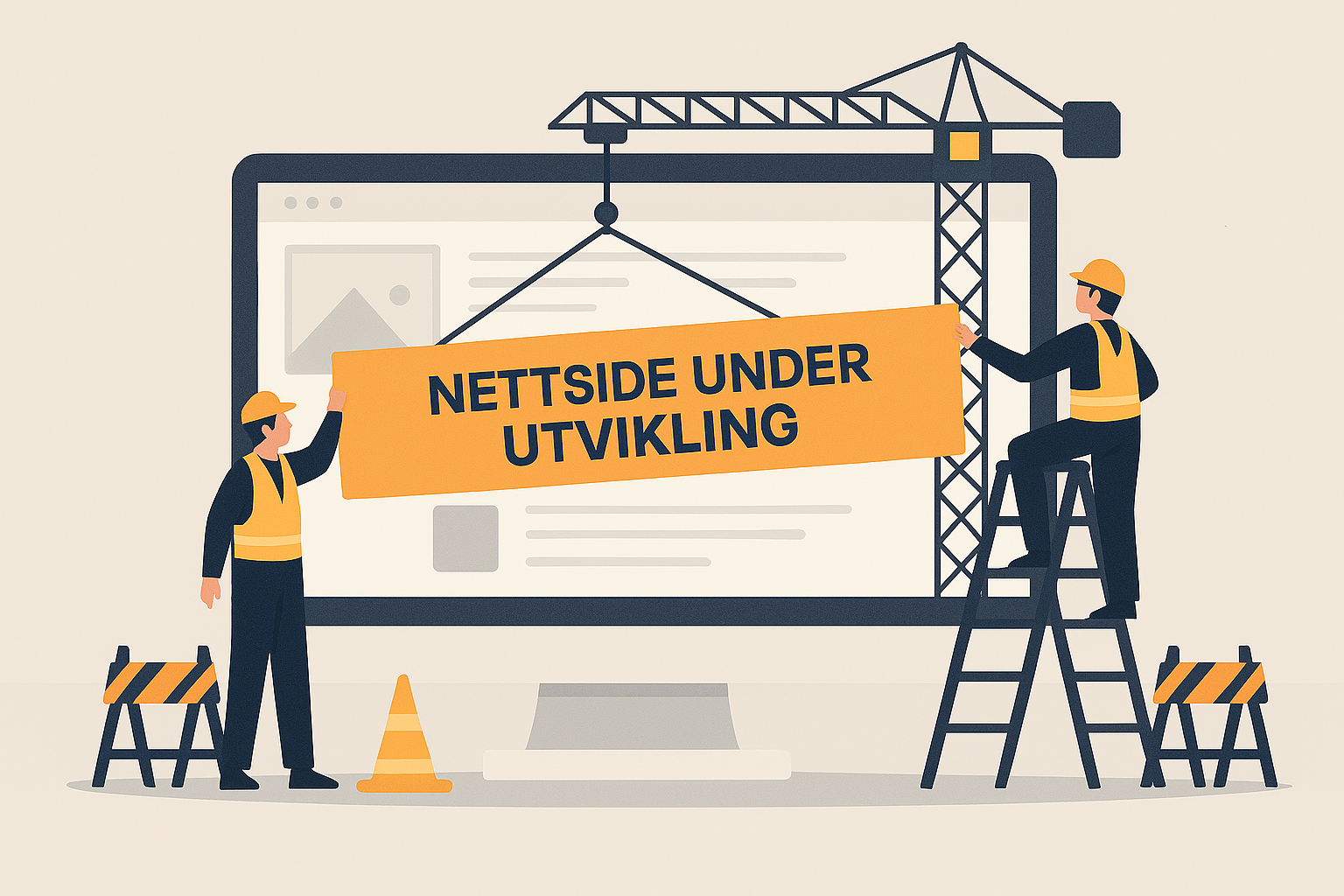 Illustrasjon som viser to arbeidere med vest og hjelm som ved hjelp av kran heiser på plass en ny hjemmeside, med teksten: "Nettside under utvikling"