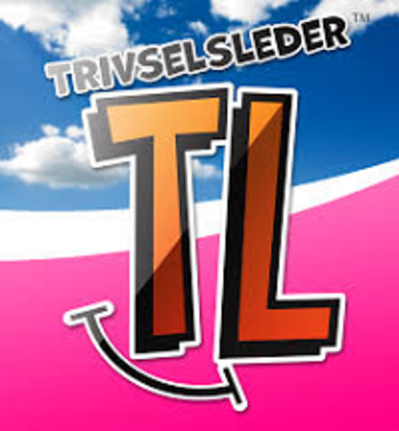 Logo for Trivselsleder-programmet med bokstavene TL i oransje mot en bakgrunn med blå himmel, skyer og rosa felt. - Klikk for stort bilde